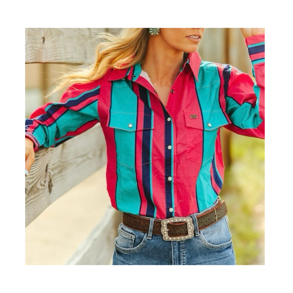 Multi stripe pearl snap shirt