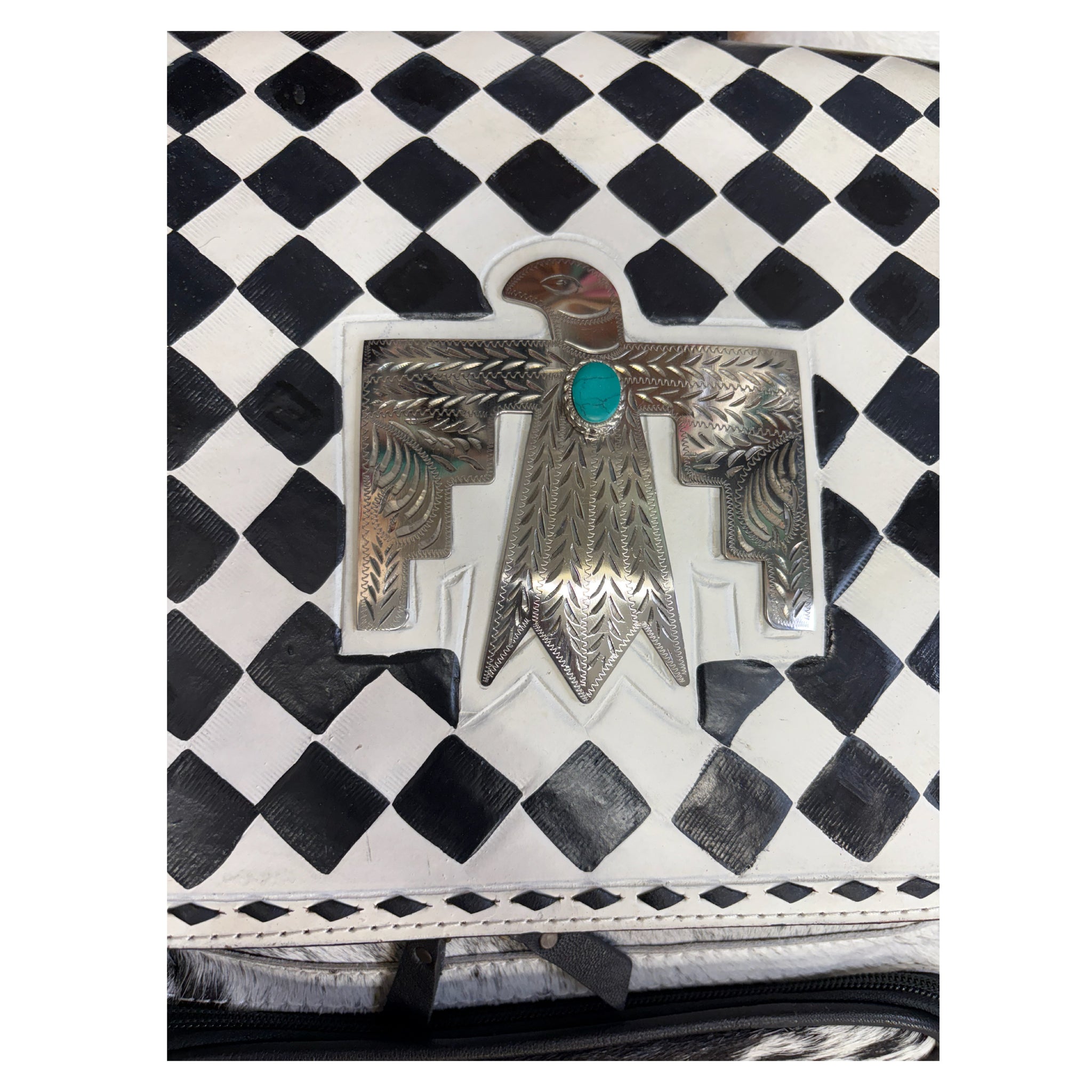 Checkered thunderbird cowhide leather backpack