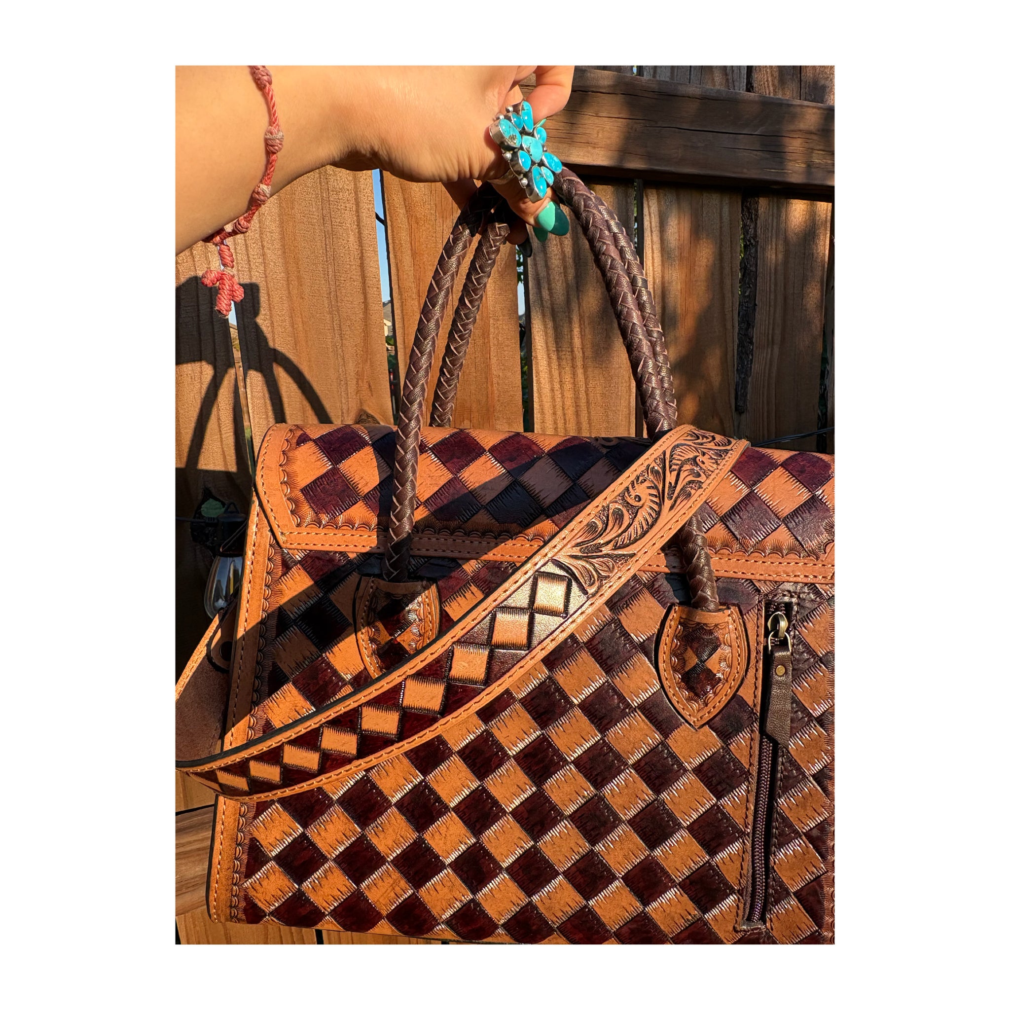 Brown tooled checkered tote purse
