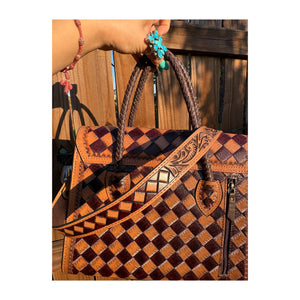 Brown tooled checkered tote purse