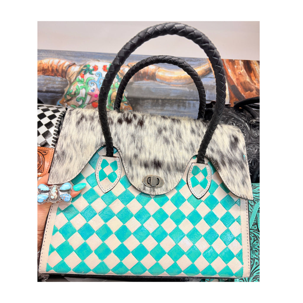 Turquoise checkered tote bag