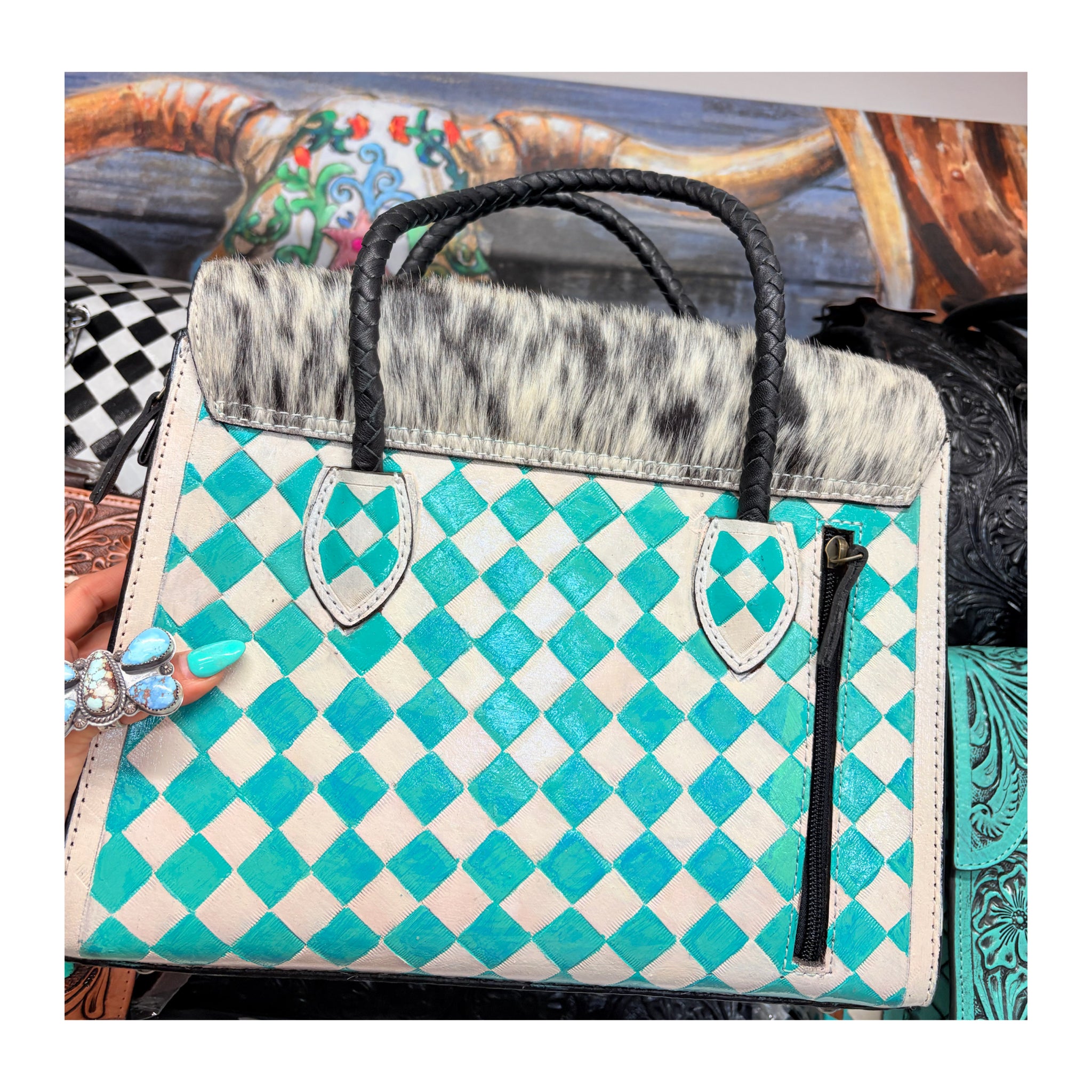 Turquoise checkered tote bag