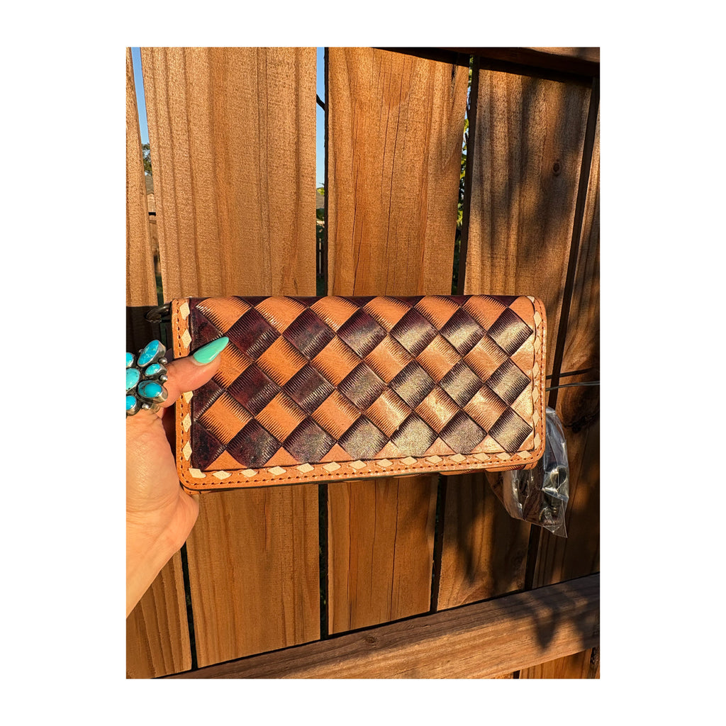 Brown tooled leather checkered tri fold wallet