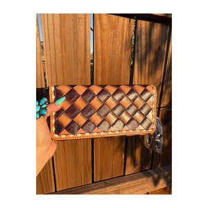 Brown tooled leather checkered tri fold wallet