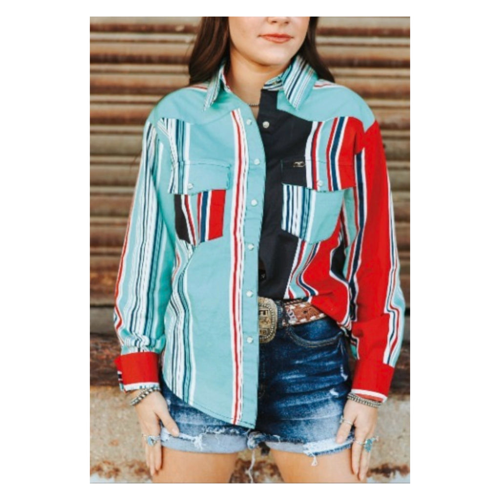 Multi stripe pearl snap button up shirt (turquoise)