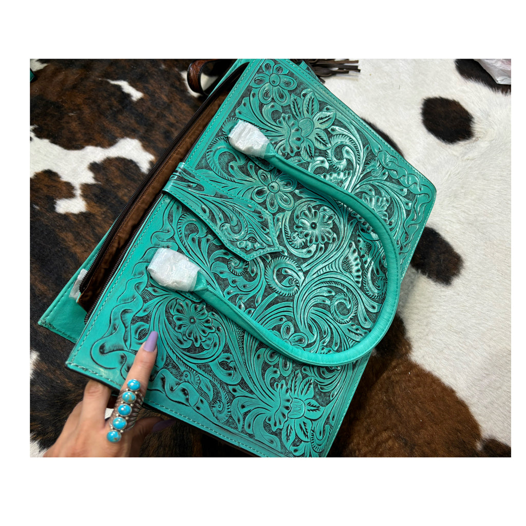 Hand tooled turquoise leather bag