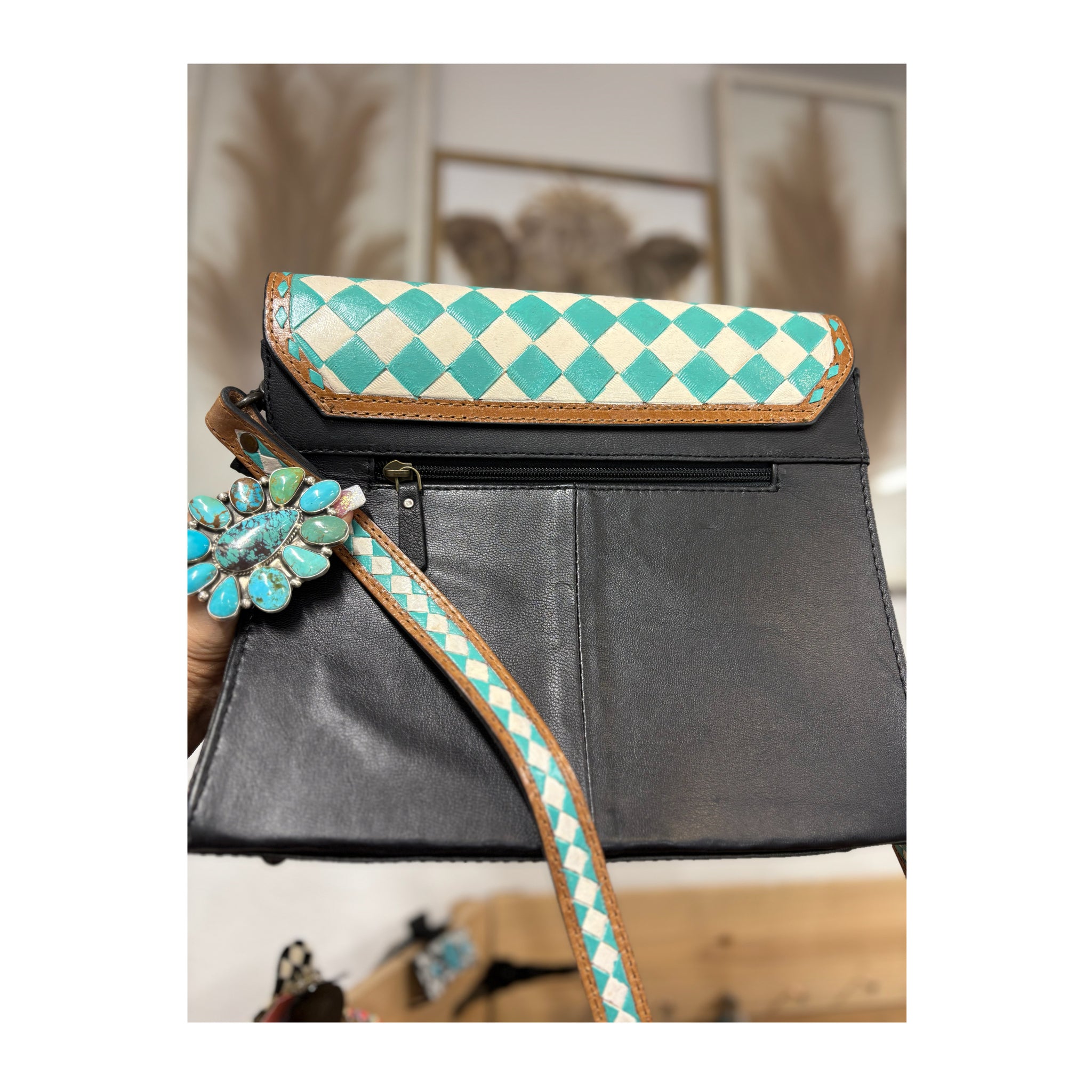 Turquoise checkered cowhide leather crossbody purse