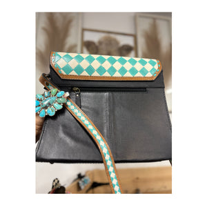 Turquoise checkered cowhide leather crossbody purse
