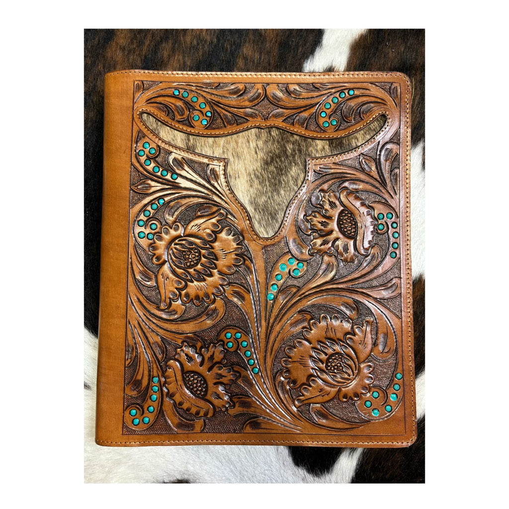 Hand tooled leather steer head with cowhide porfolio