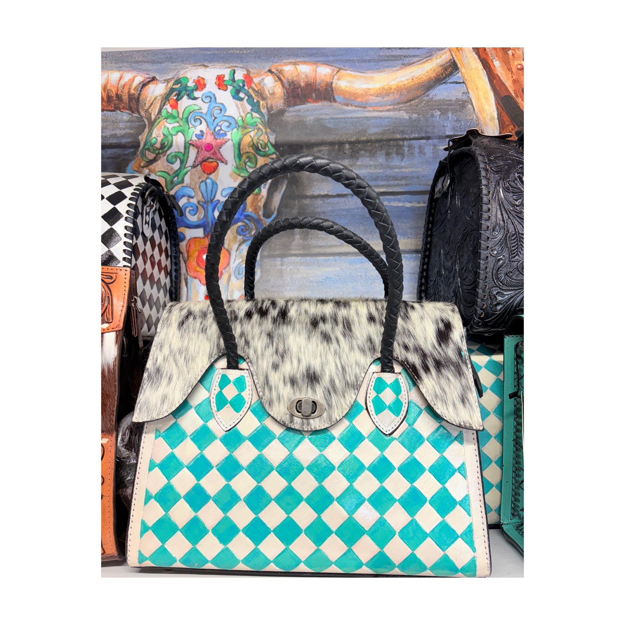 Turquoise checkered tote bag
