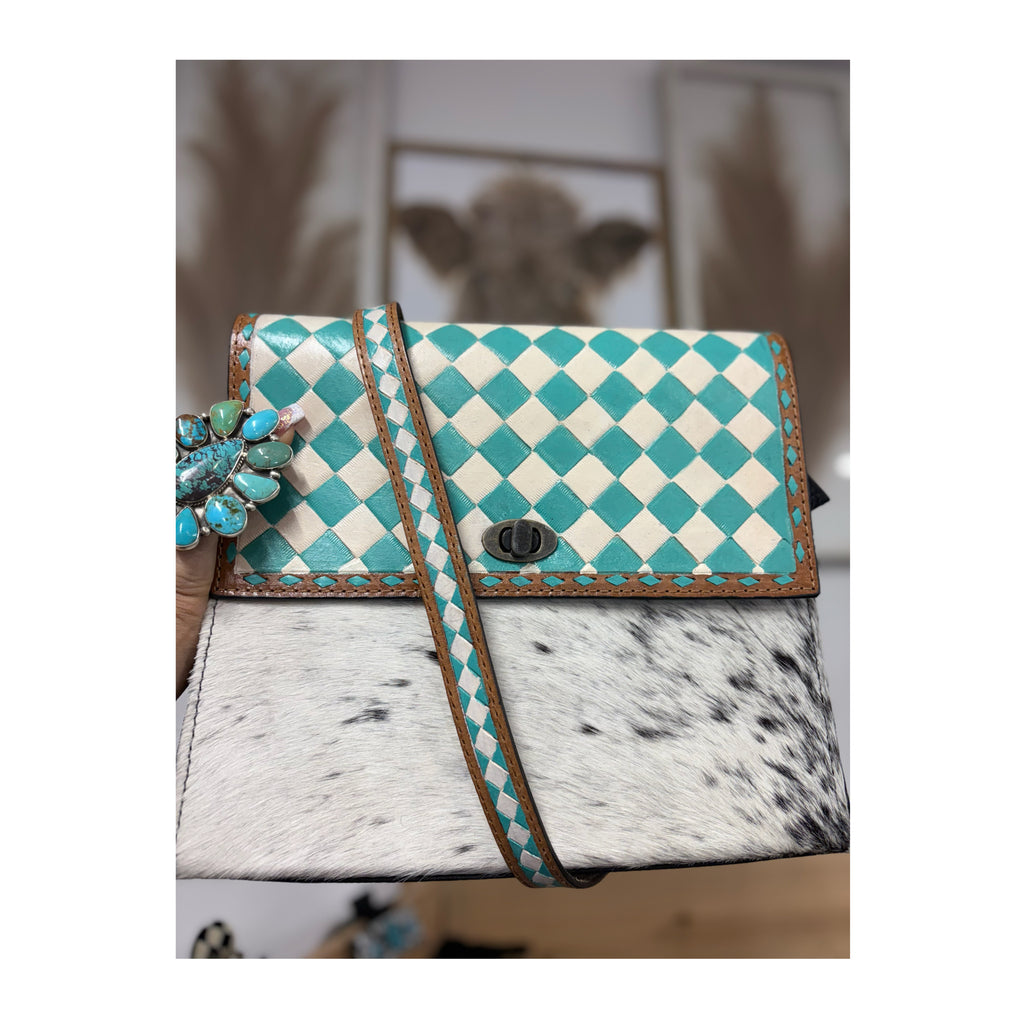 Turquoise checkered cowhide leather crossbody purse
