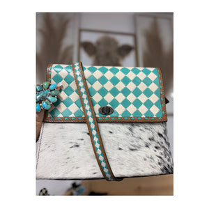 Turquoise checkered cowhide leather crossbody purse