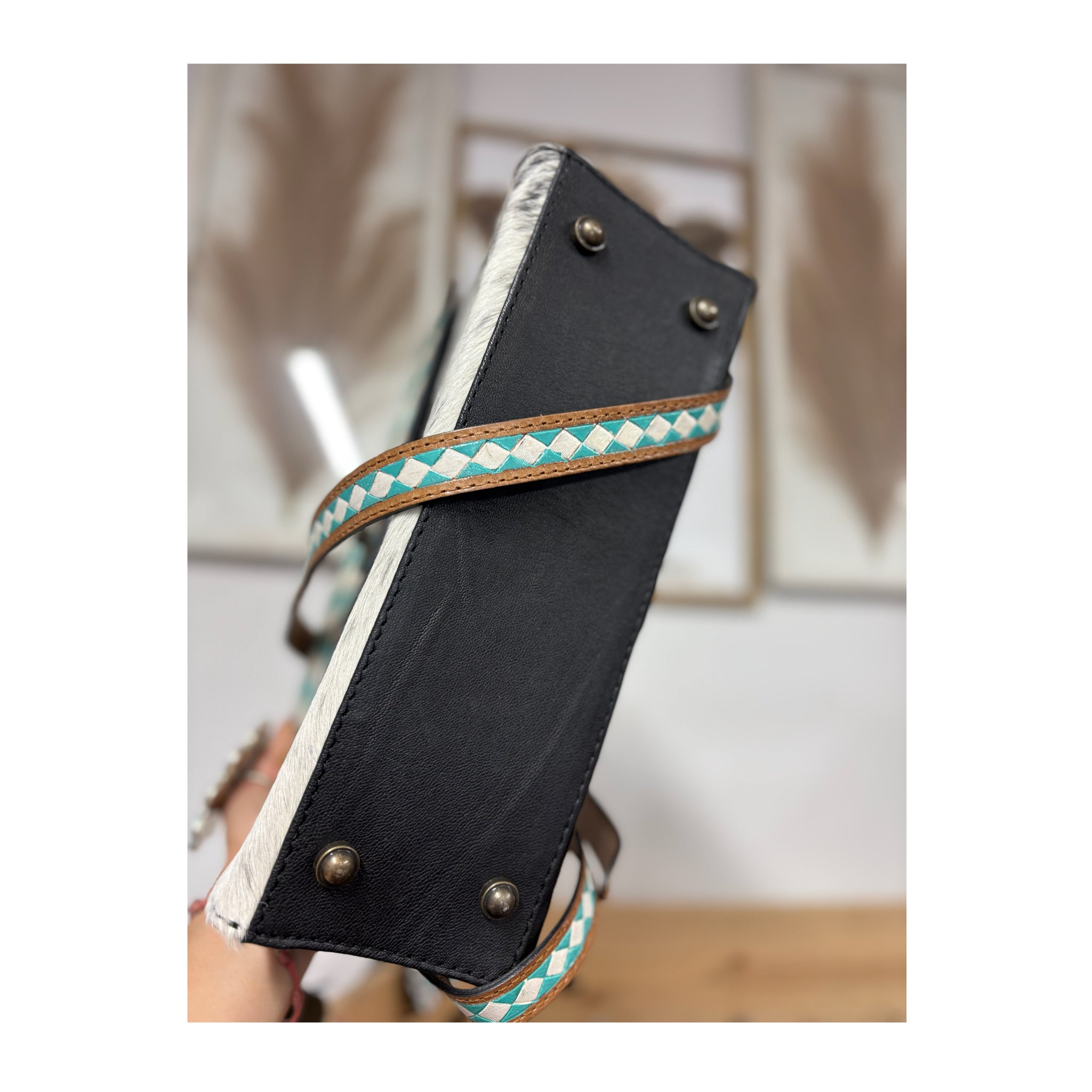 Turquoise checkered cowhide leather crossbody purse