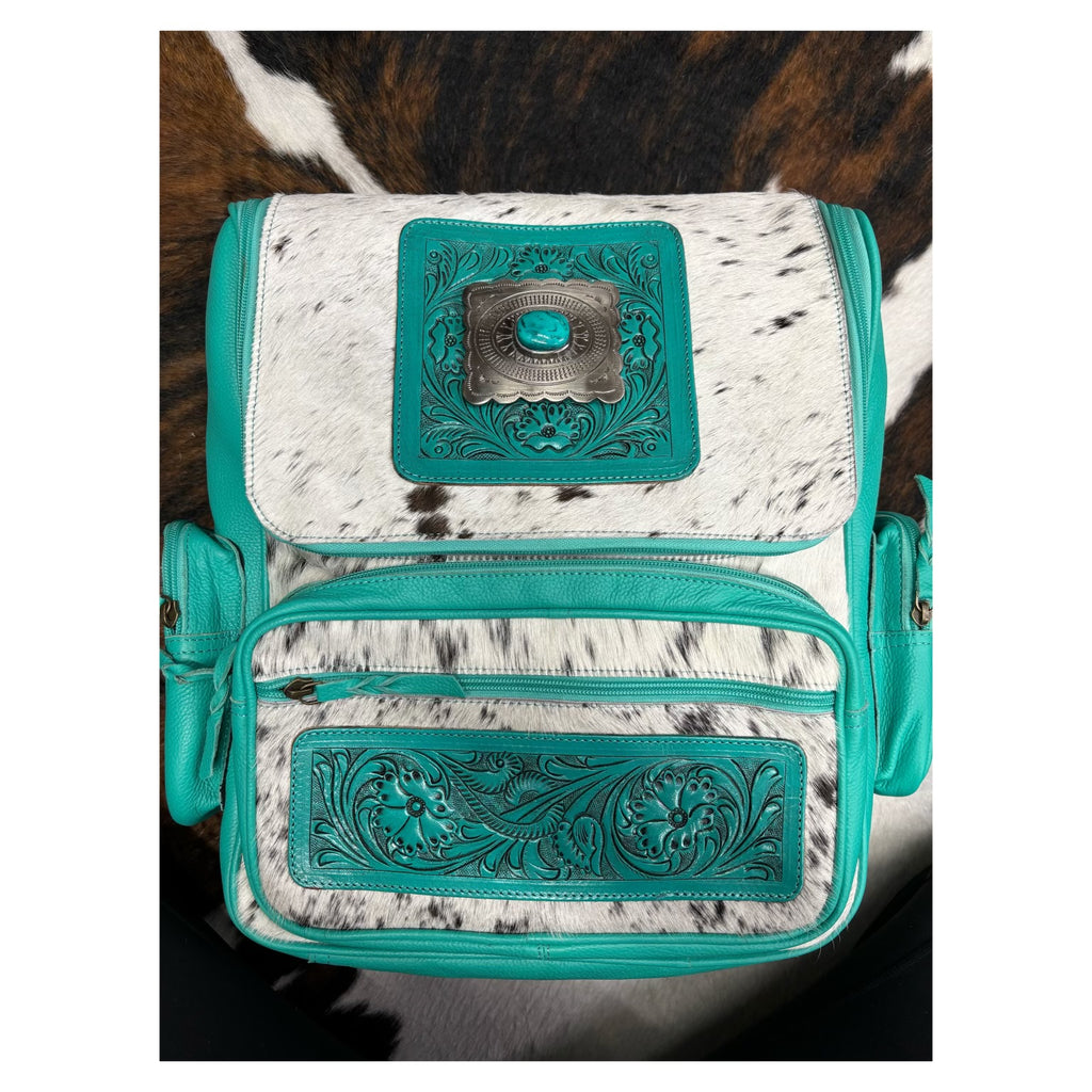 Turquoise leather with cowhide backpack