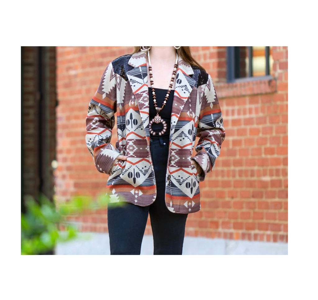 Western Print Blazer with Sequin and Pockets
