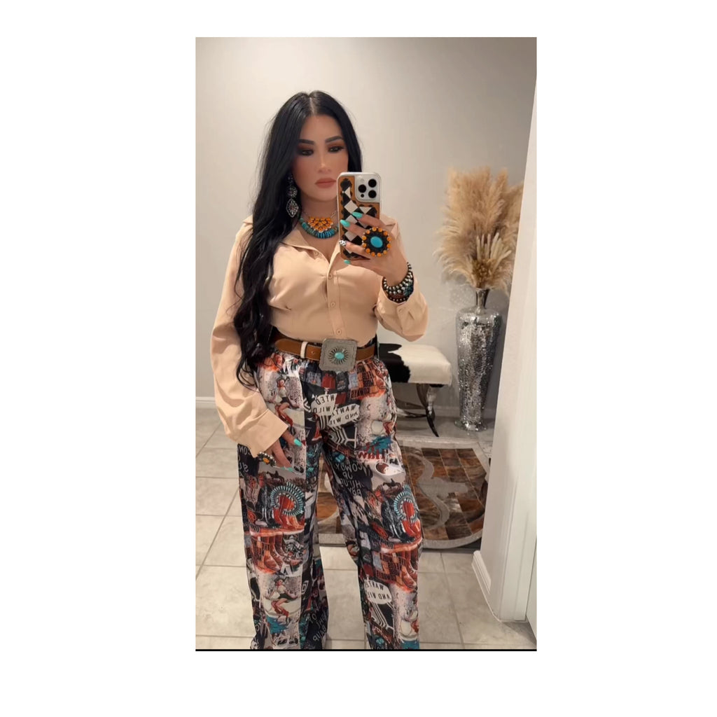 Collaged printed western pants