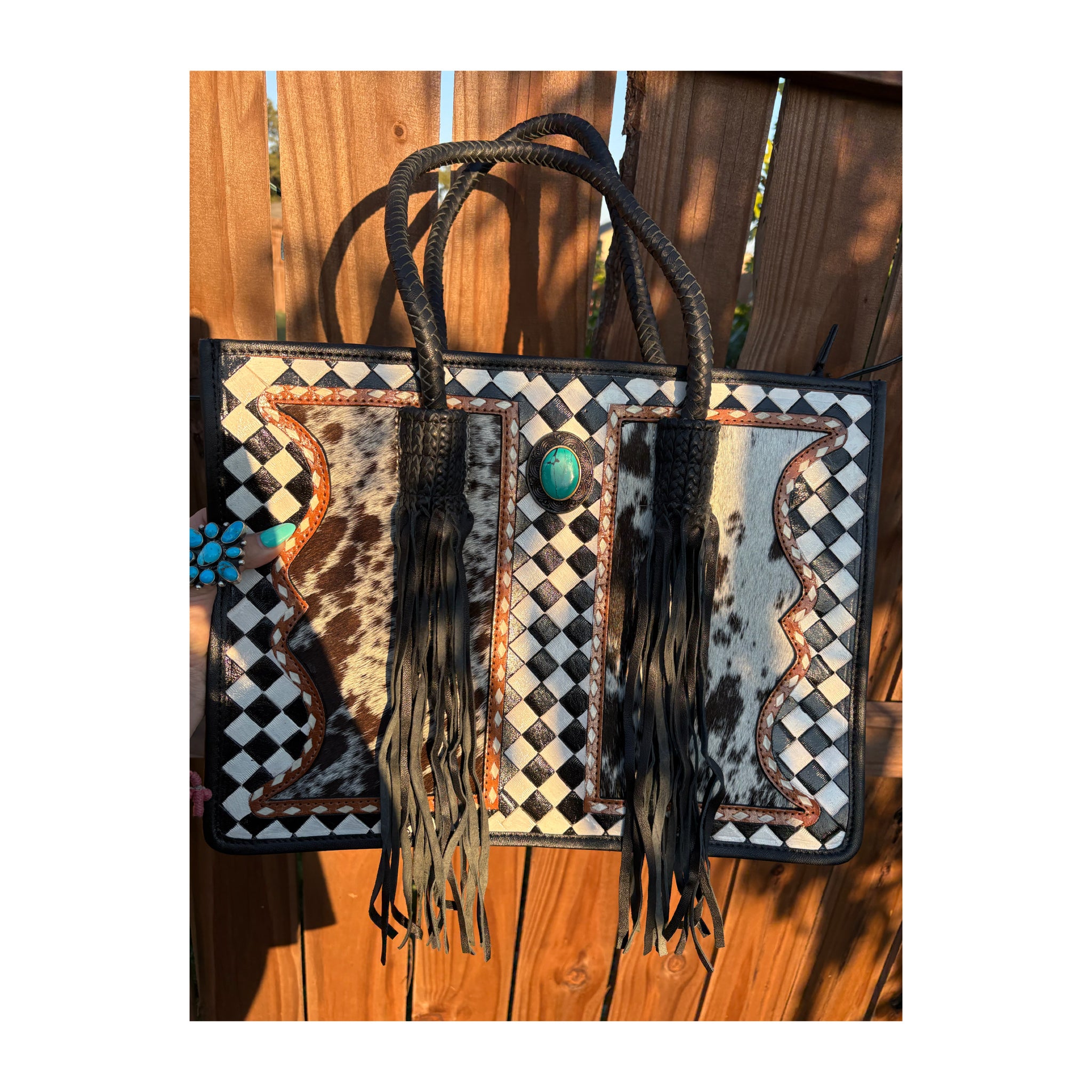 Leather checkered cowhide tote bag