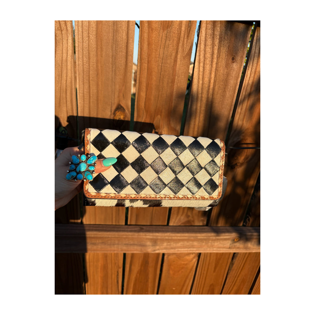 Checkered leather and cowhide tri fold cross body wallet