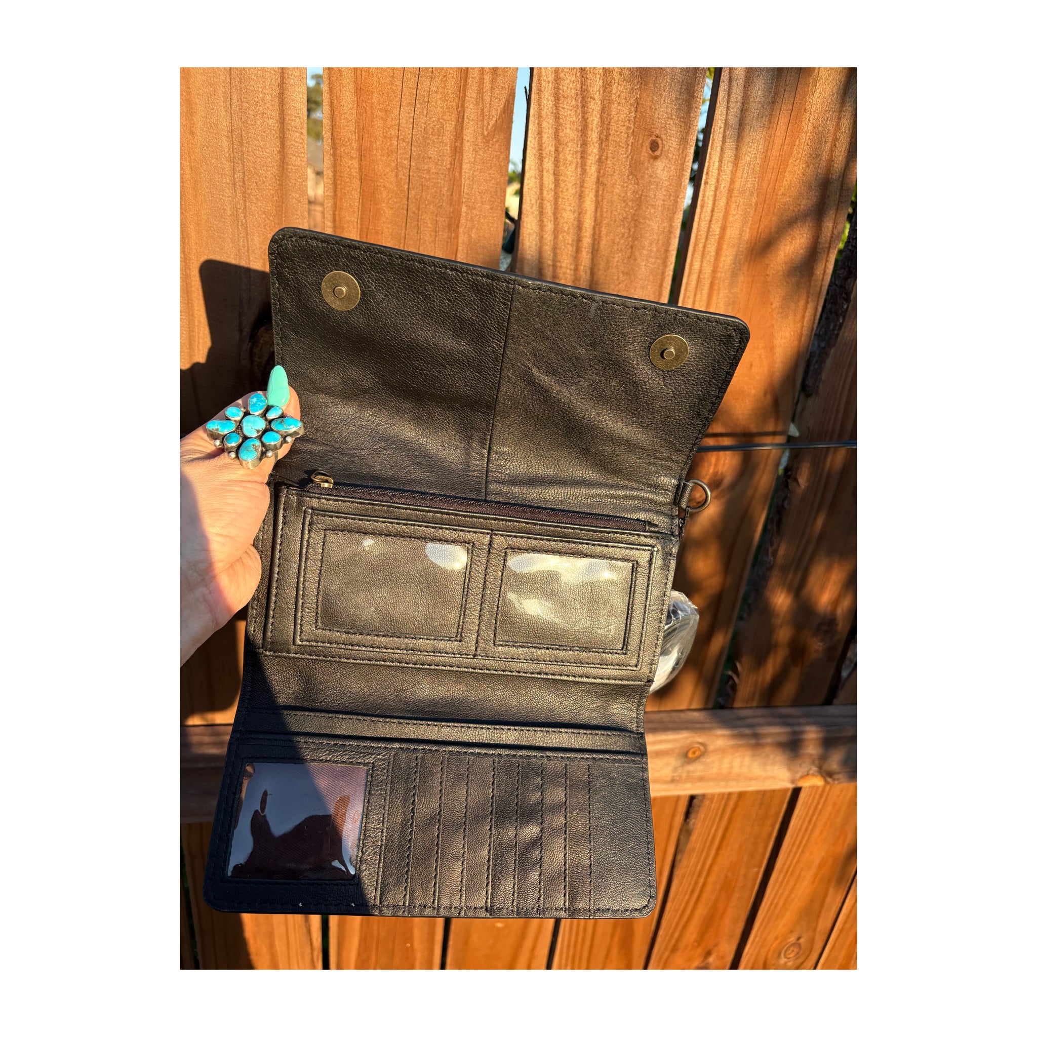Checkered leather and cowhide tri fold cross body wallet