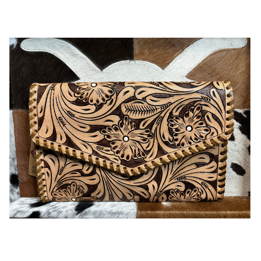 Leather tooled envelope crossbody purse