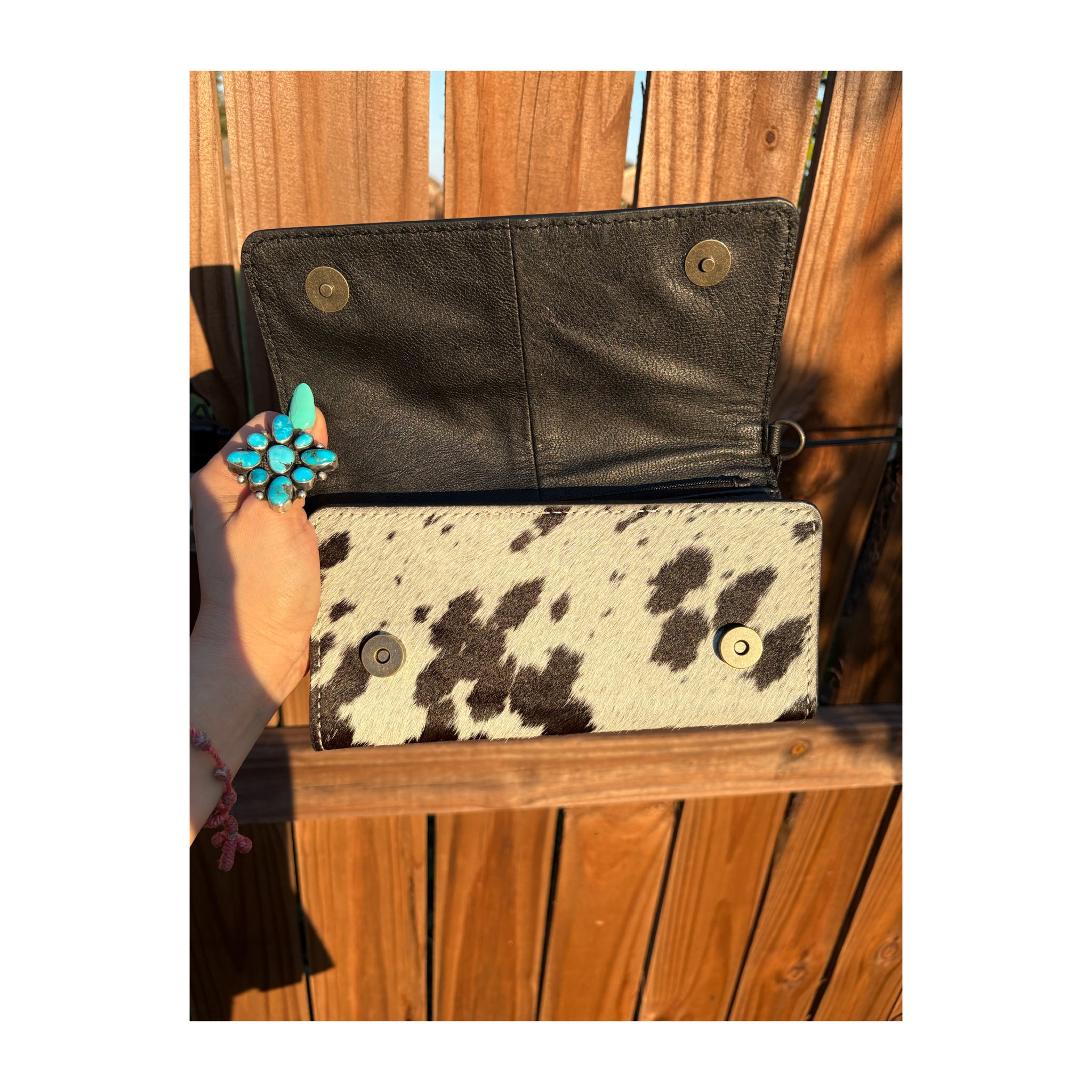 Checkered leather and cowhide tri fold cross body wallet