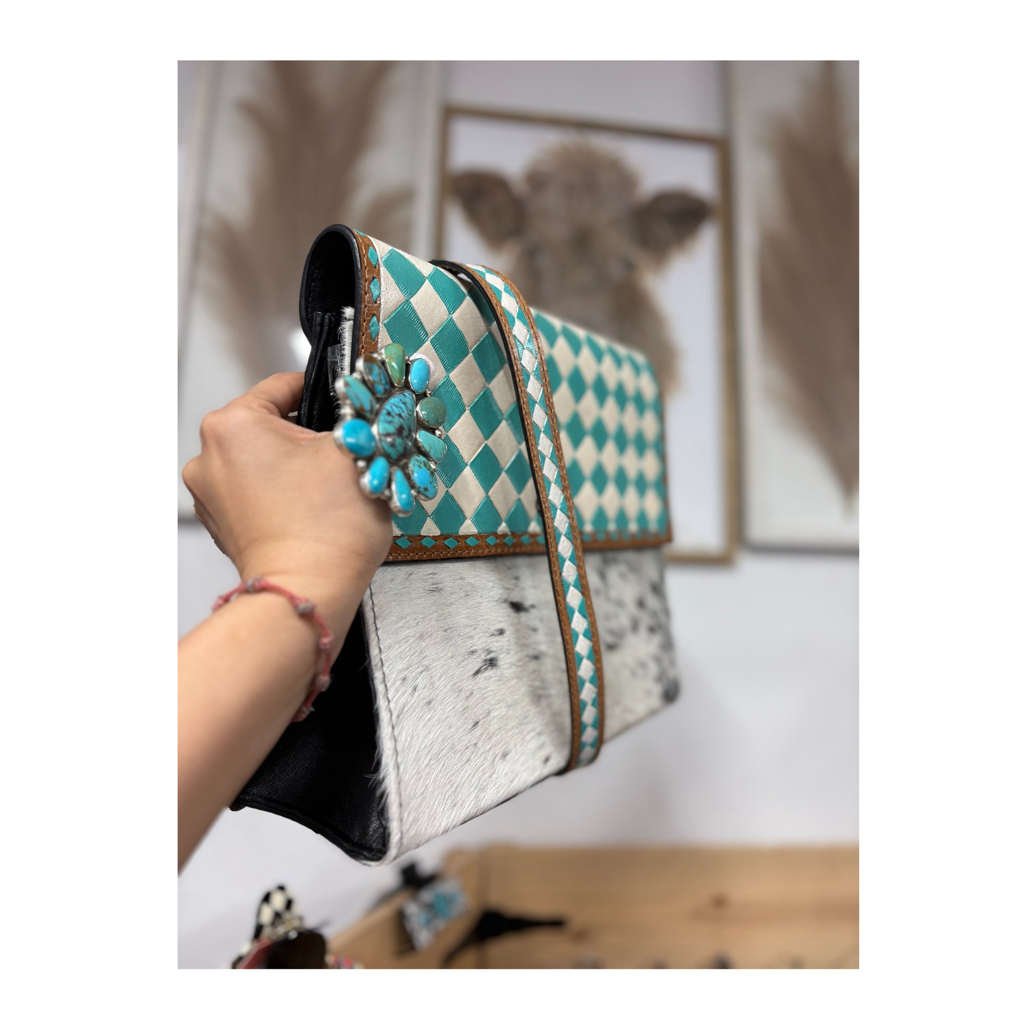Turquoise checkered cowhide leather crossbody purse