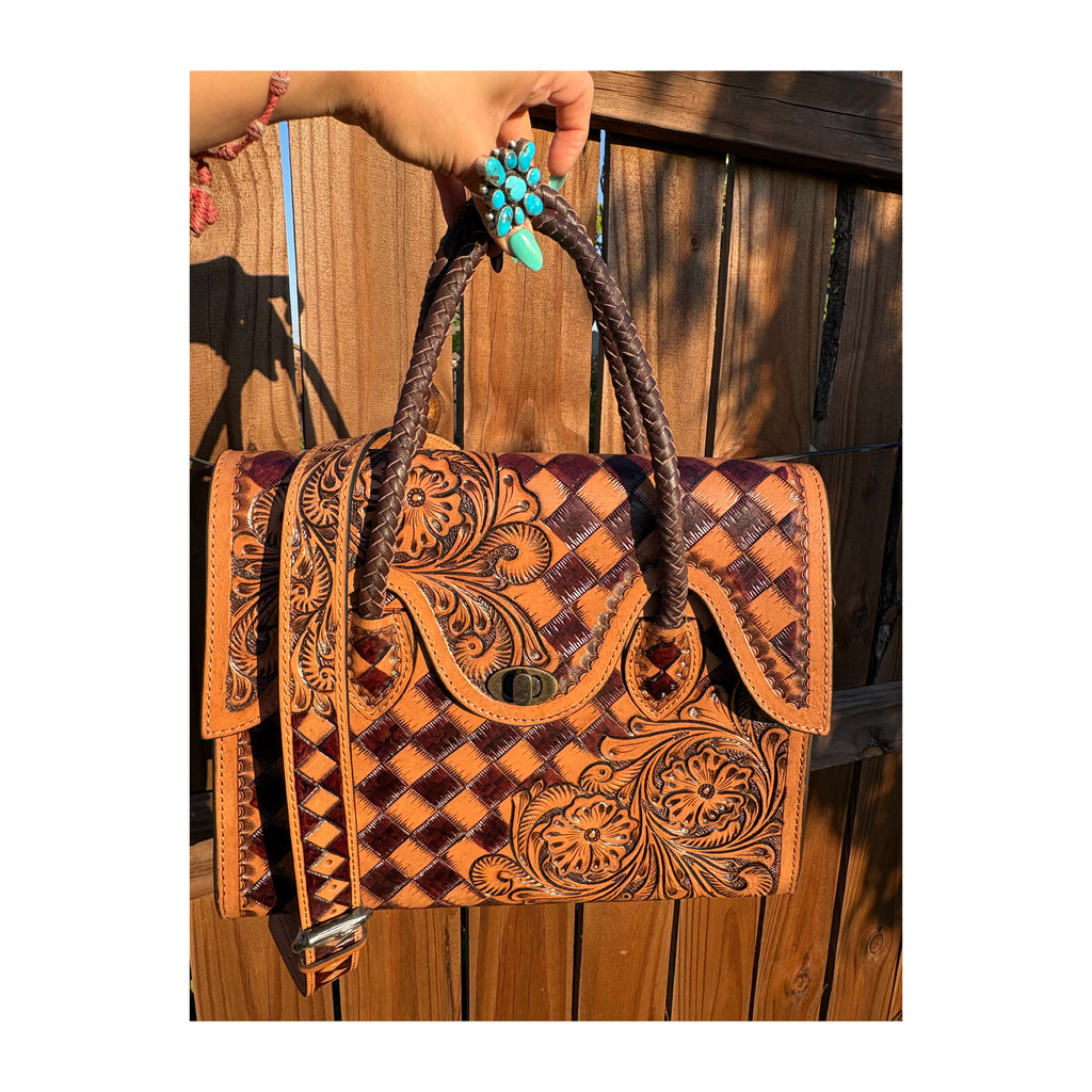 Brown tooled checkered tote purse