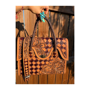Brown tooled checkered tote purse