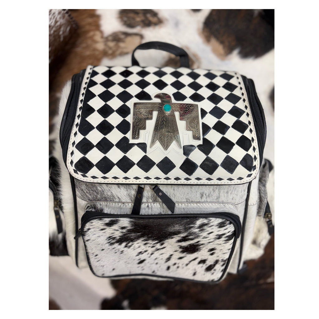 Checkered thunderbird cowhide leather backpack