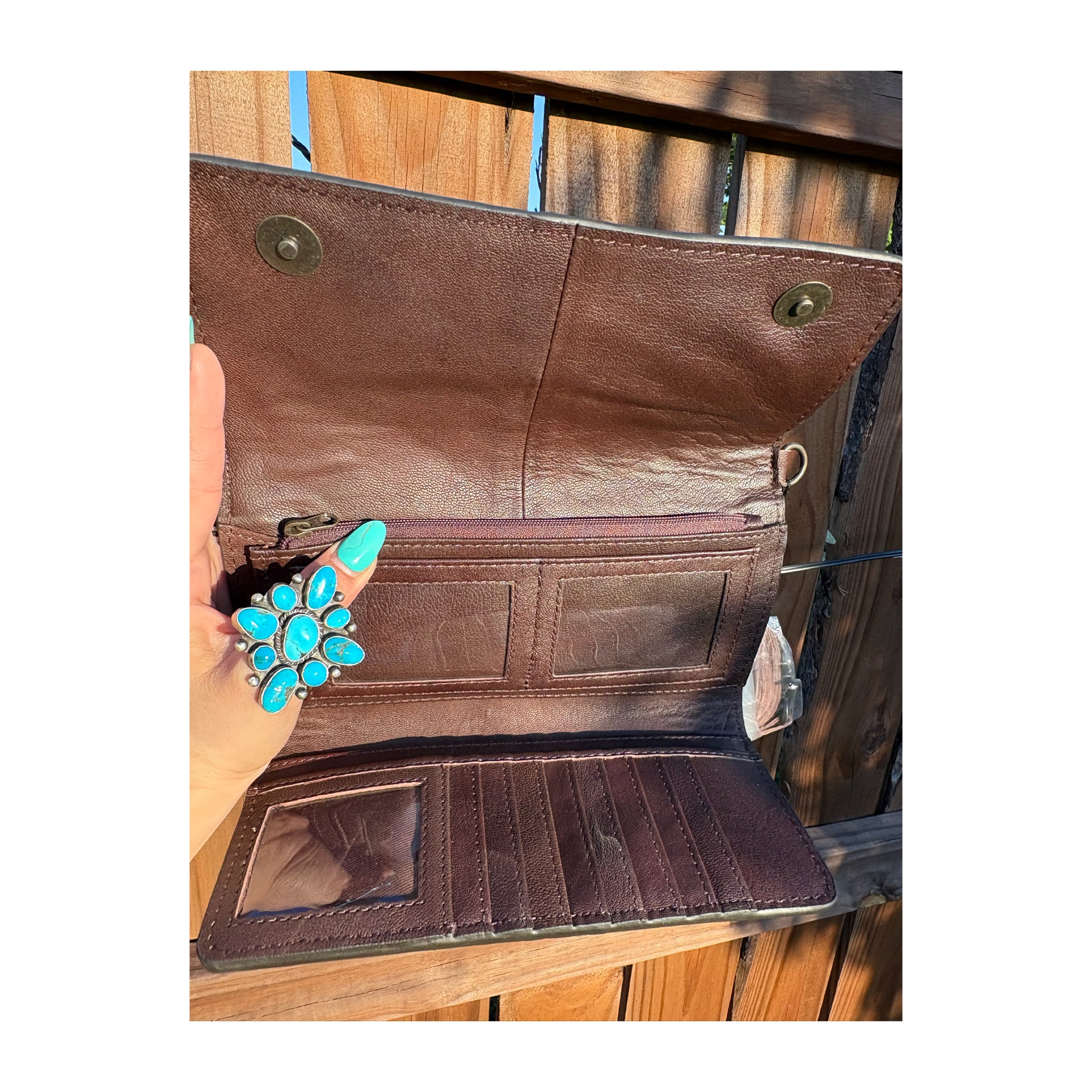 Brown tooled leather checkered tri fold wallet