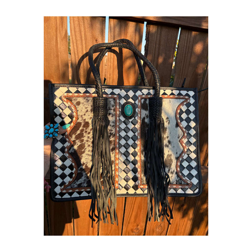 Leather checkered cowhide tote bag