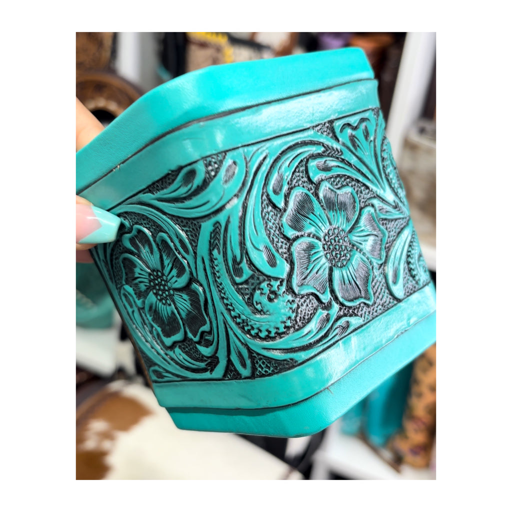 Turquoise leather tooled pencil holder/makeup holder