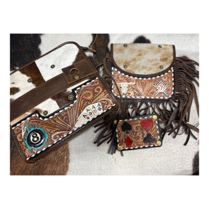 Leather tooled/cowhide ace 3 in one purse