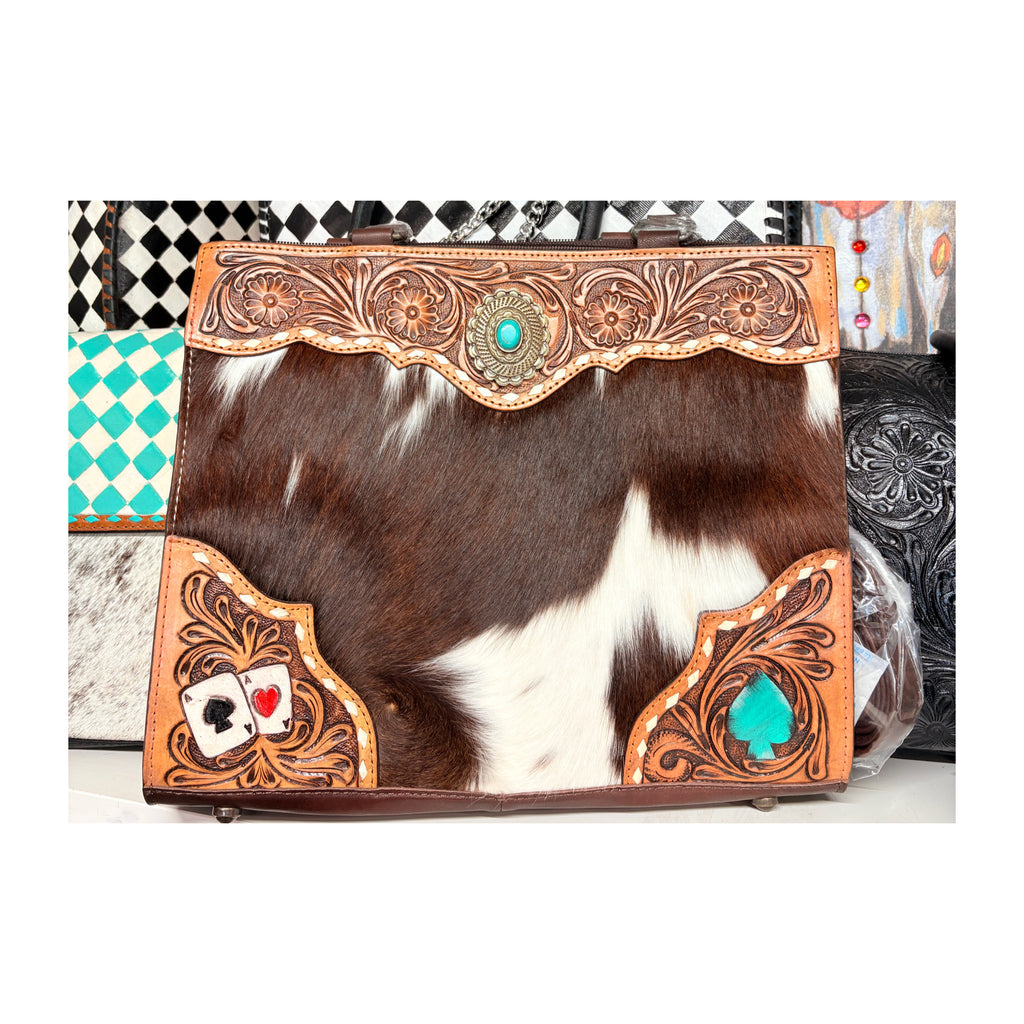 Ace brown tooled/cowhide tote bag