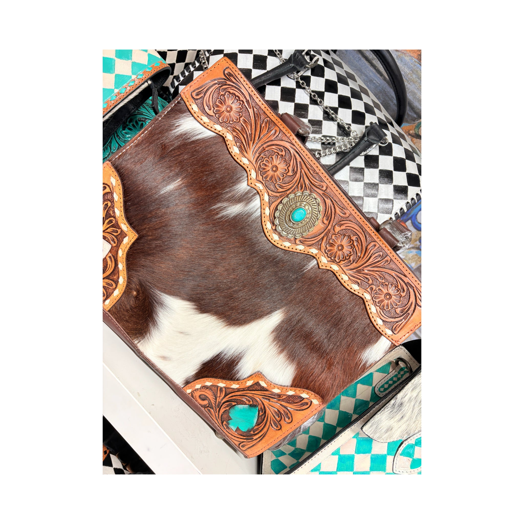 Ace brown tooled/cowhide tote bag