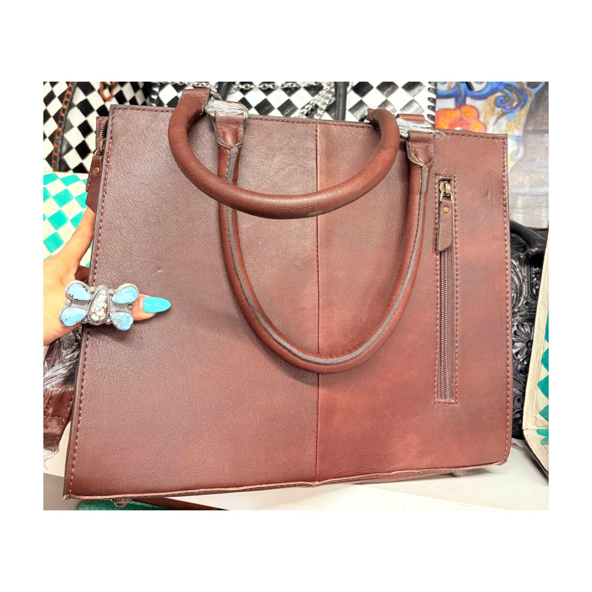 Ace brown tooled/cowhide tote bag