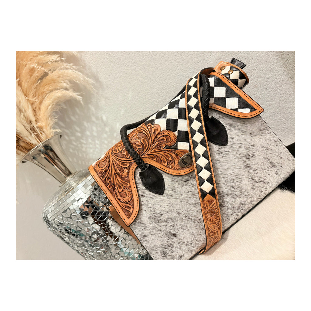 Black and white checker leather cowhide tote