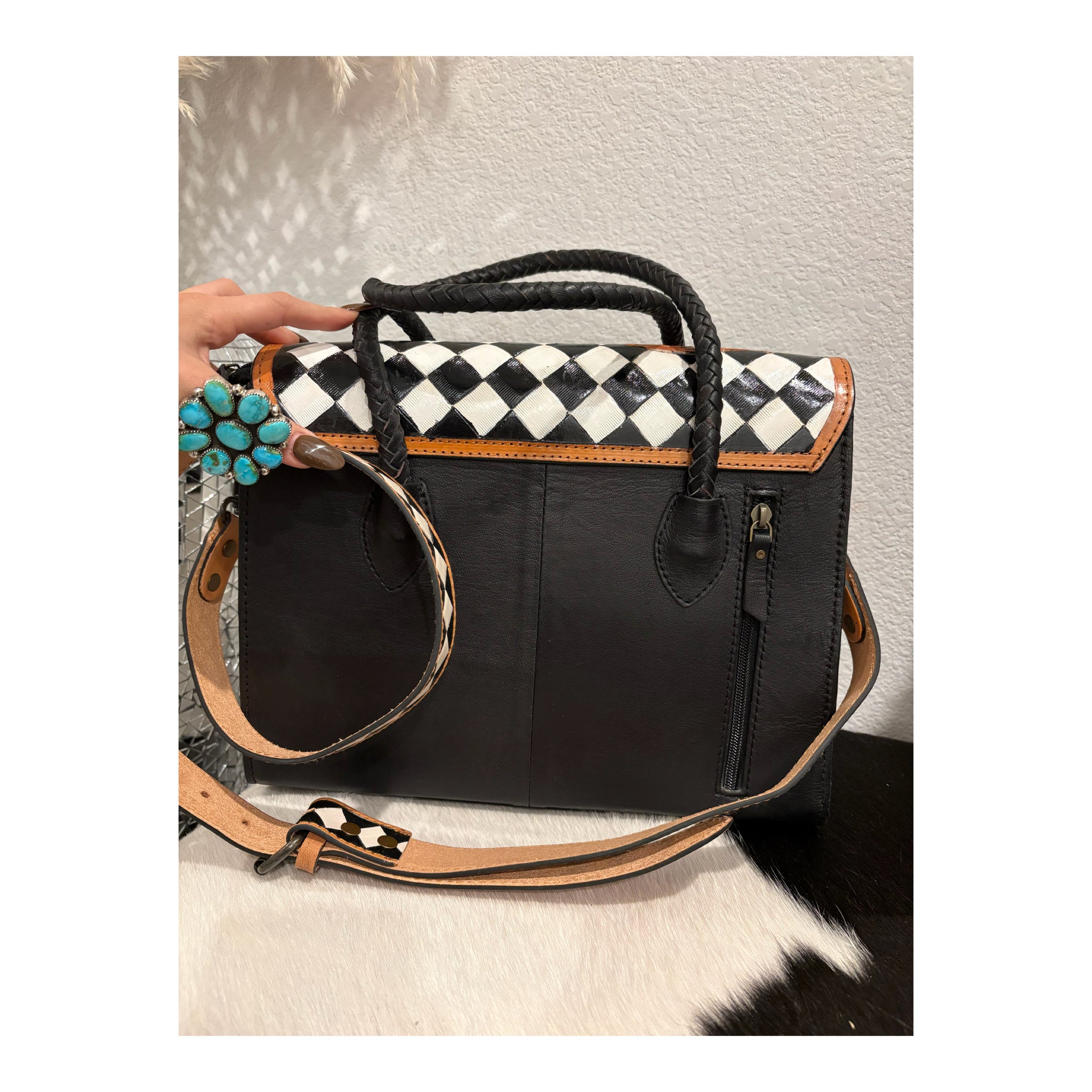 Black and white checker leather cowhide tote