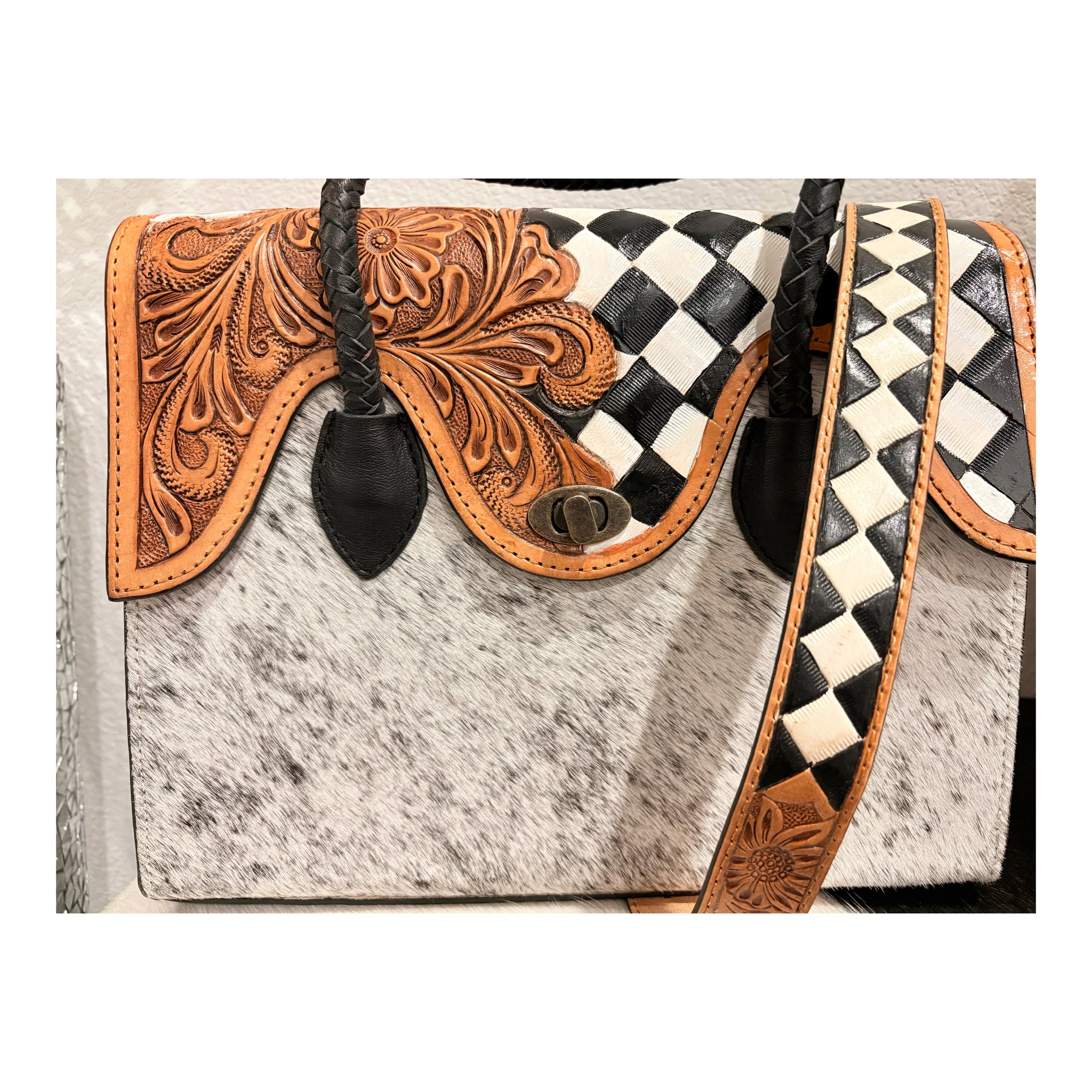 Black and white checker leather cowhide tote