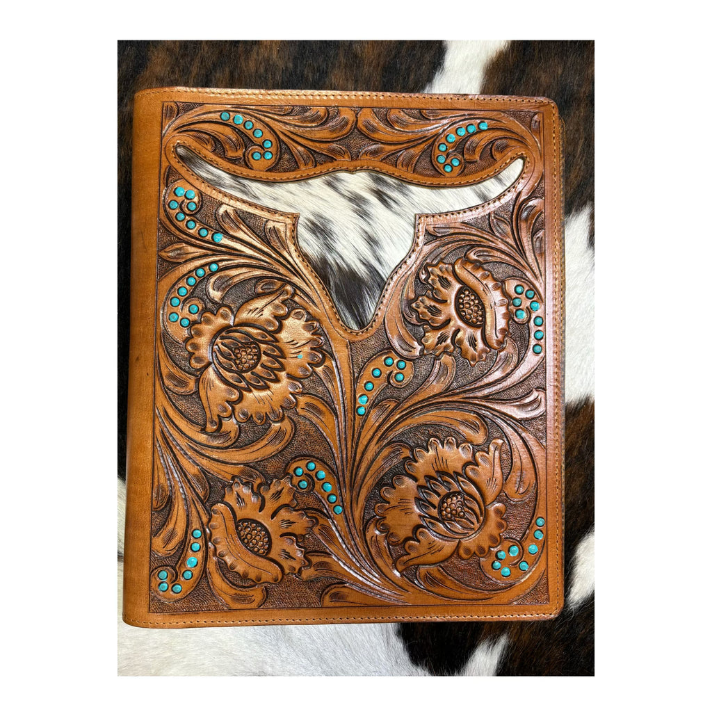 Hand tooled leather steer head with cowhide porfolio