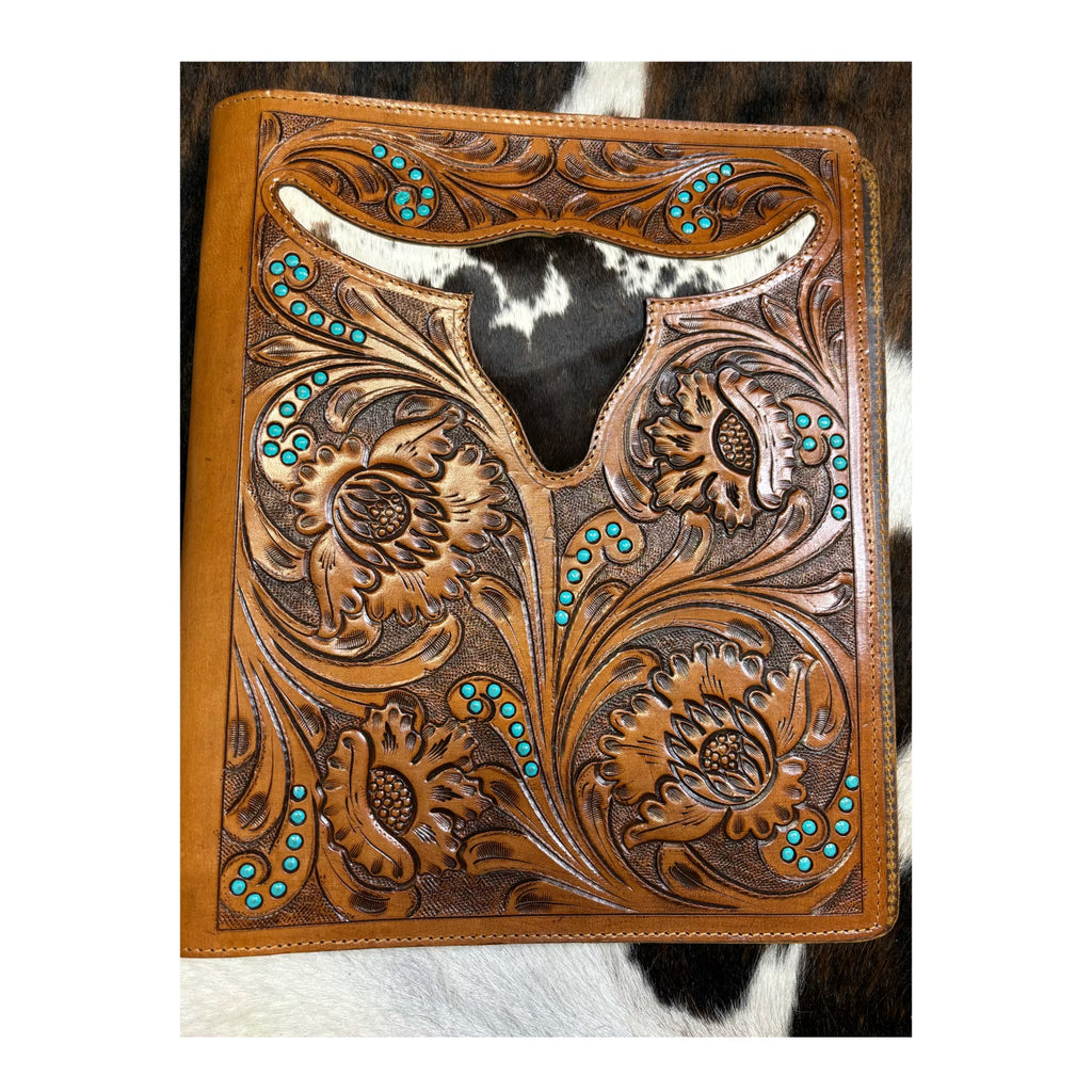 Hand tooled leather steer head with cowhide porfolio