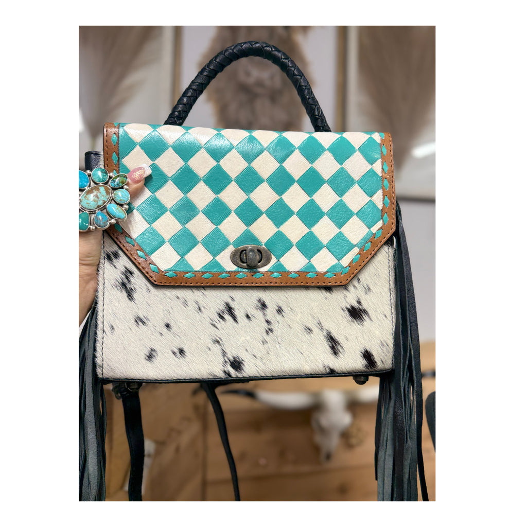 Turquoise checkered leather/ cowhide crossbody purse