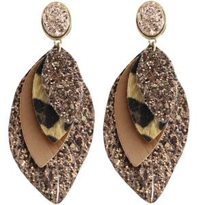 Glitter Feather Earrings with Leopard Hide