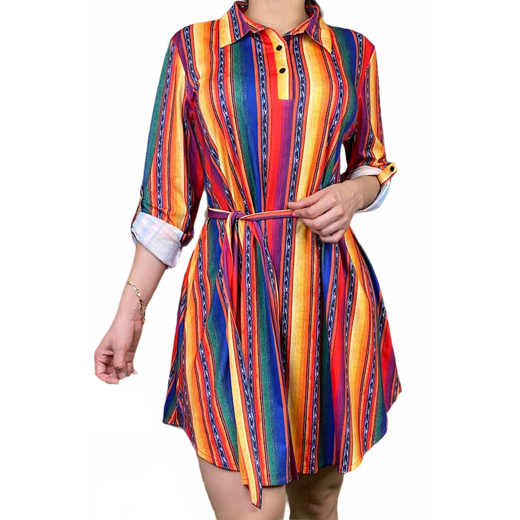 Multi-color serape long sleeve dress w/waist tie