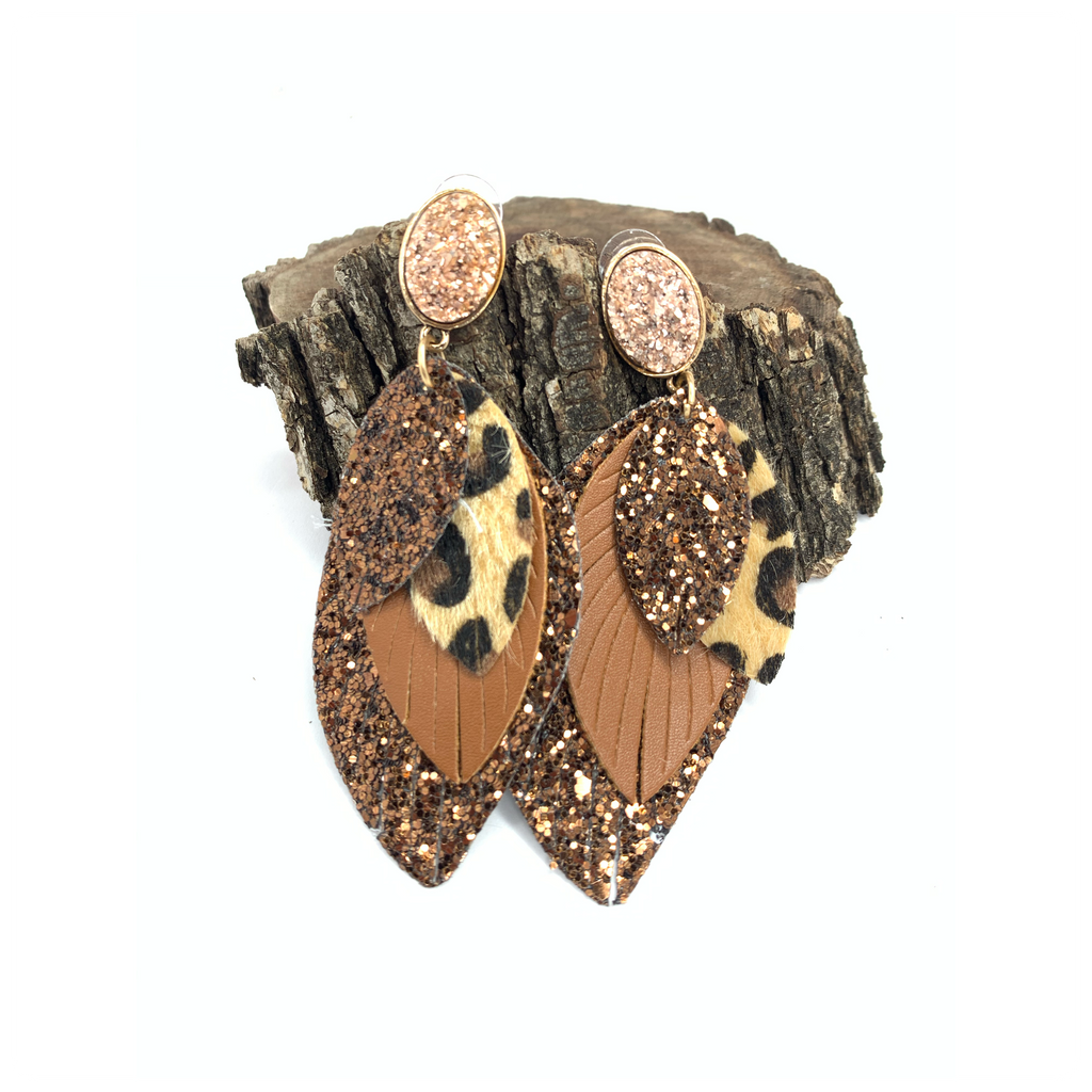 Glitter Feather Earrings with Leopard Hide
